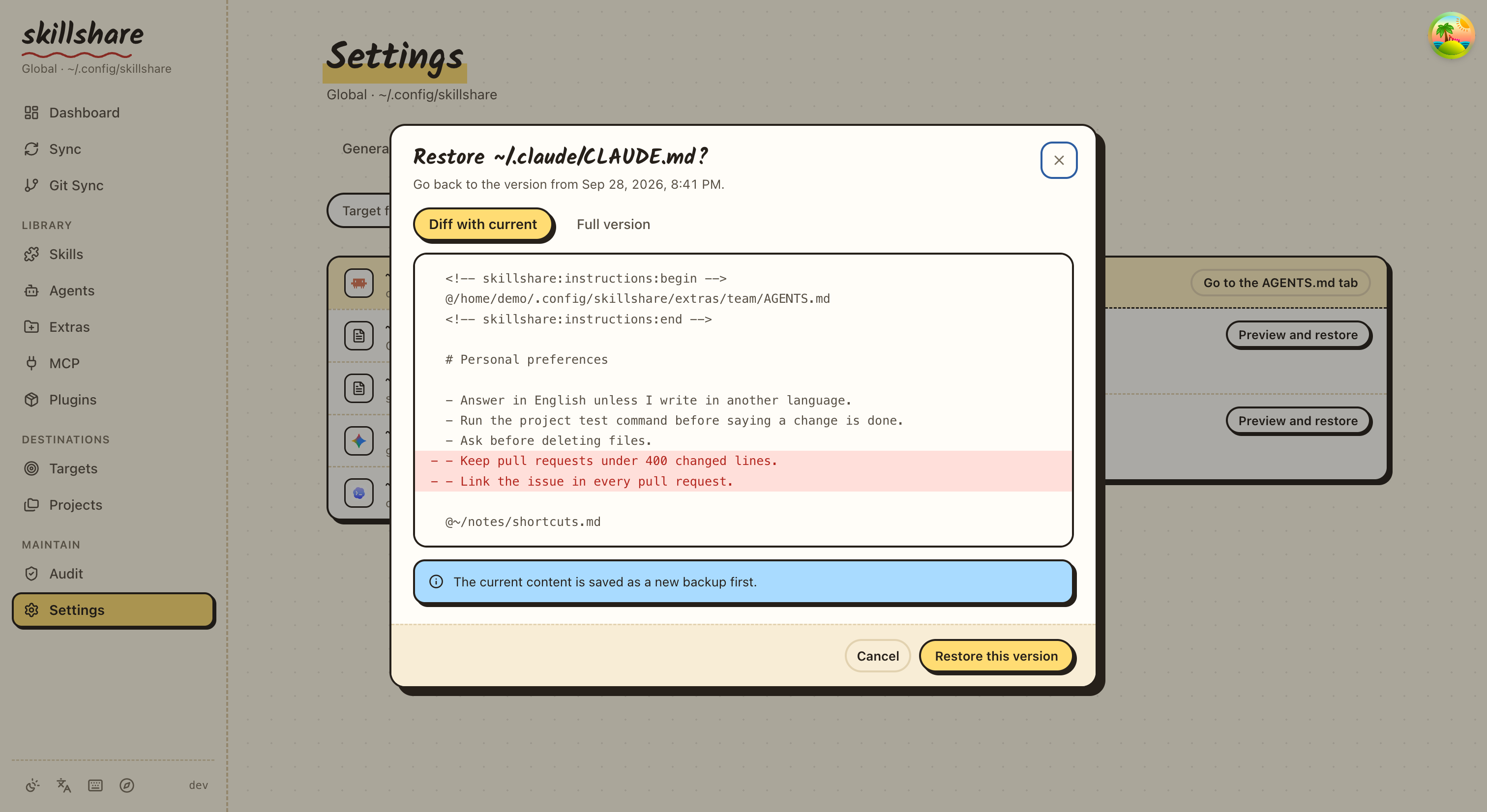 Settings › Backup › Files: preview an earlier CLAUDE.md version before restoring