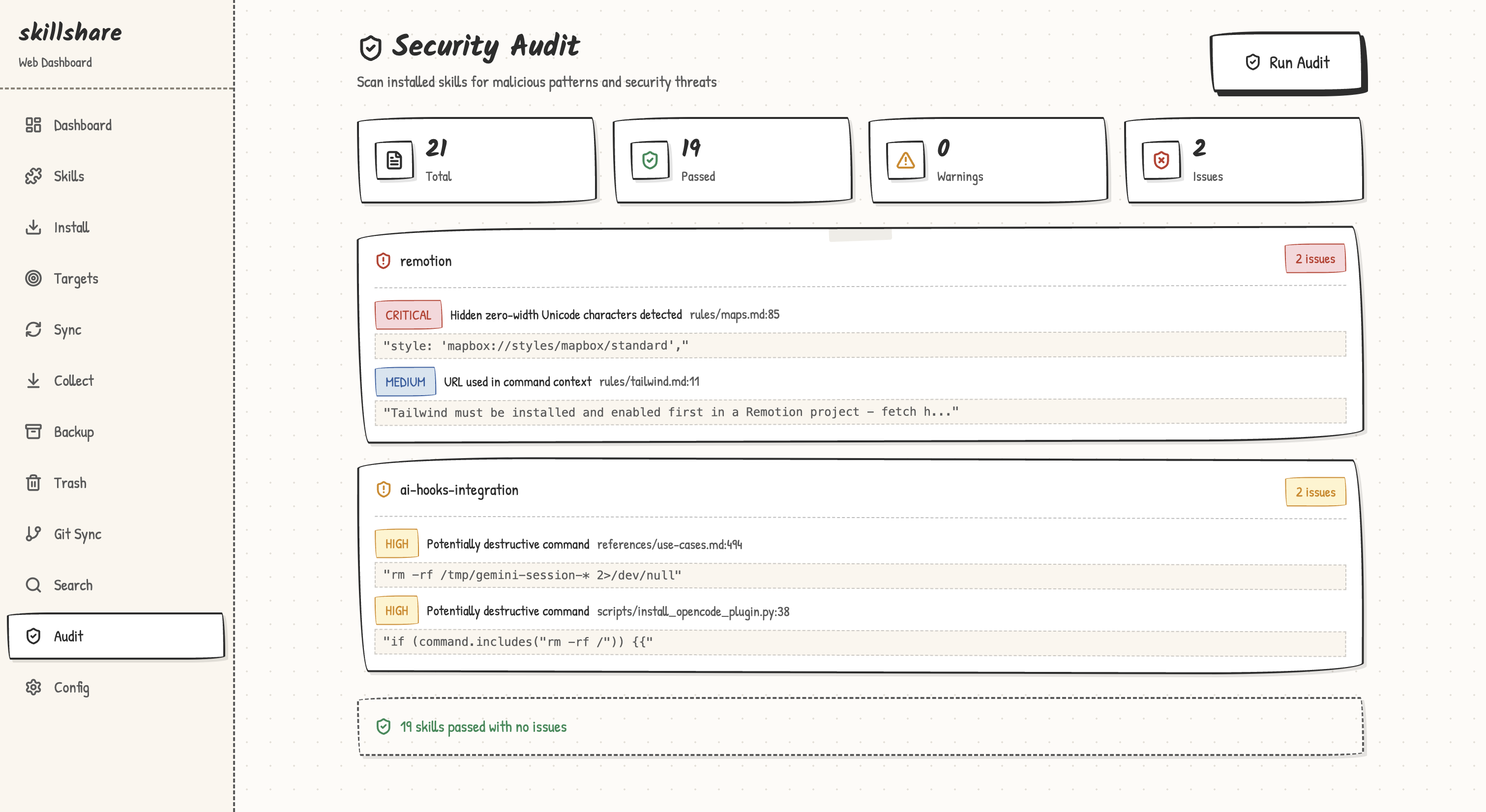 Security Audit page in web dashboard