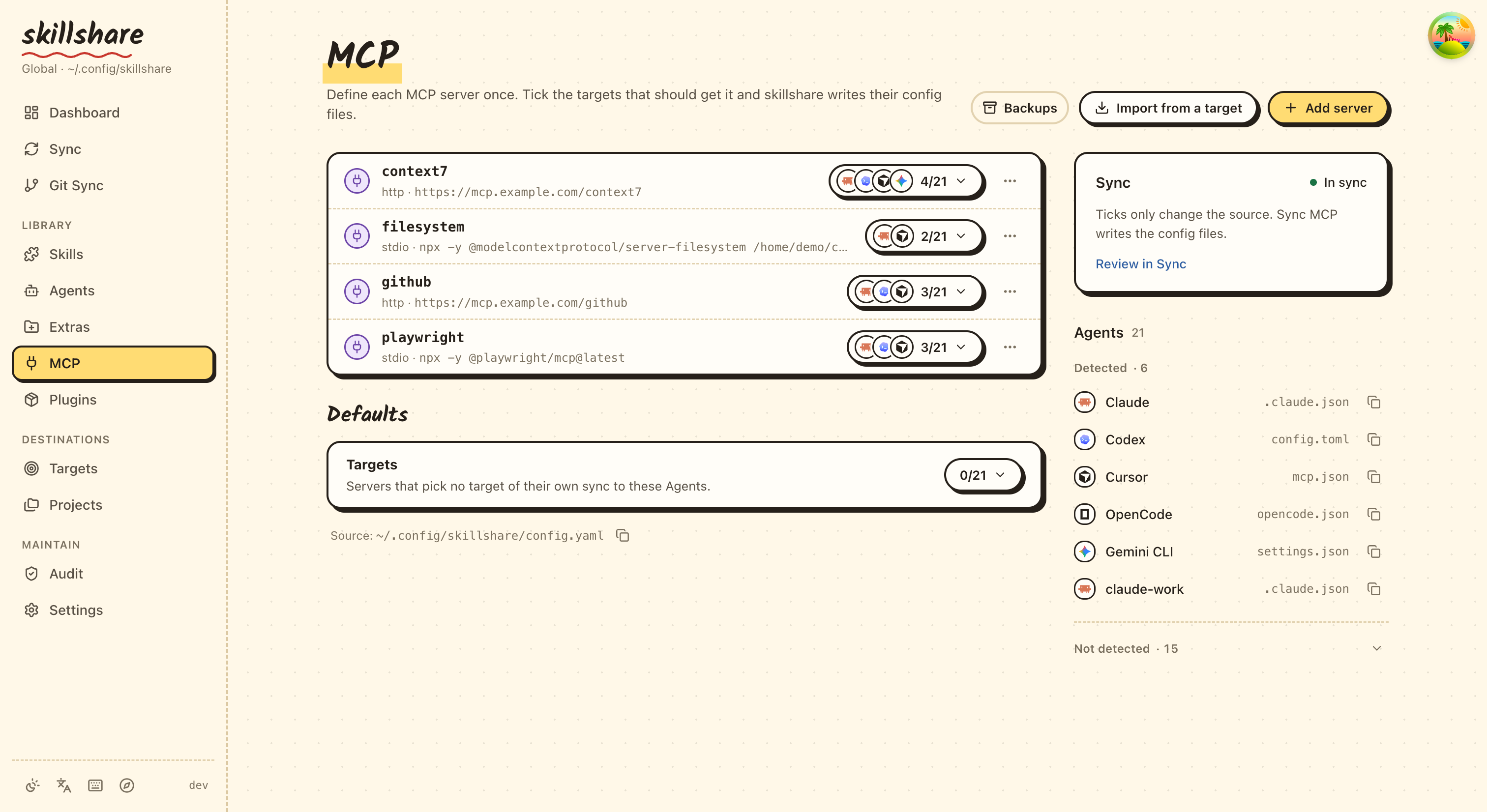 MCP 页面：每个 server 一行并列出其 Agents，以及 Sync 区块